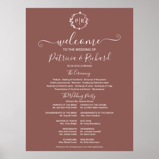Monogram Huwelijksceremonie Programma Bord Poster (Voorkant)