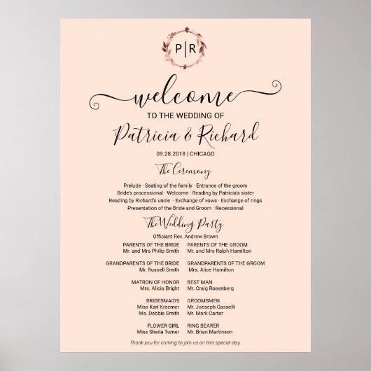 Monogram Huwelijksceremonie Programma Bord Schuimb Poster (Voorkant)
