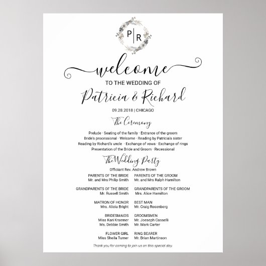Monogram Huwelijksceremonie Programma Bord Schuimb Poster (Voorkant)