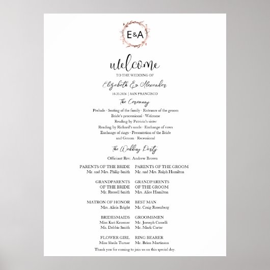 Monogram huwelijksceremonie programmateken poster (Voorkant)