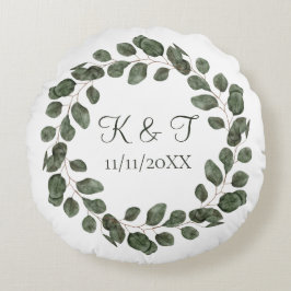 Monogram huwelijksdatum Eucalyptusbladeren Elegant Rond Kussen