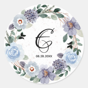 Monogram huwelijksdatum paarse bloemenkrans ronde sticker