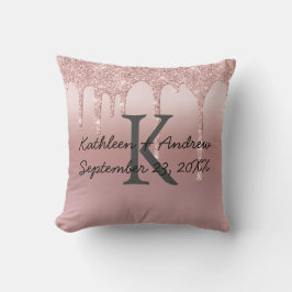 Monogram Huwelijksdatum Rose Goud Drip Glitter Tre Kussen