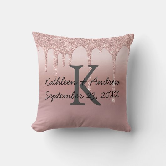 Monogram Huwelijksdatum Rose Goud Drip Glitter Tre Kussen (Voorkant)