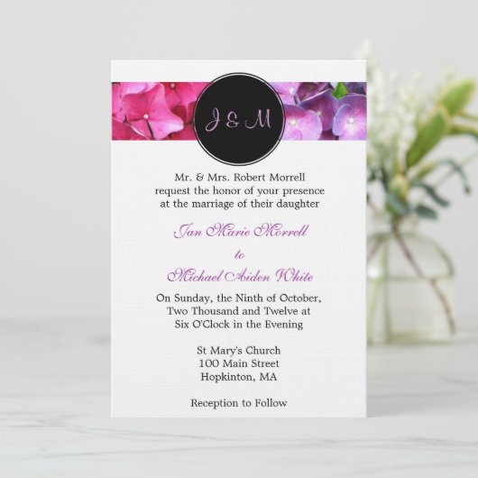 Monogram Hydrangea Wedding Uitnodiging (Staand voorkant)