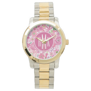 Monogram   I Do Pink Waterverf Floral Pattern Horloge