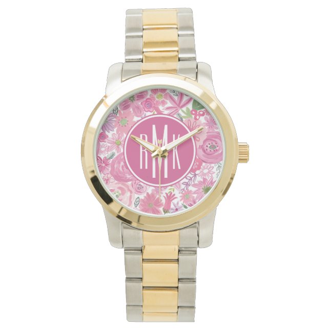 Monogram | I Do Pink Waterverf Floral Pattern Horloge (Voorkant)