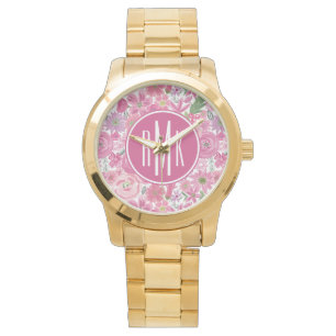 Monogram   I Do Pink Waterverf Floral Pattern Horloge