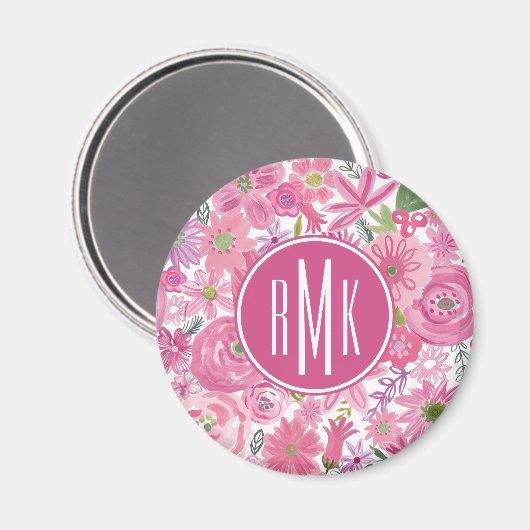 Monogram | I Do Pink Waterverf Floral Pattern Magneet (Voorkant / Achterkant)