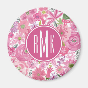 Monogram   I Do Pink Waterverf Floral Pattern Magneet