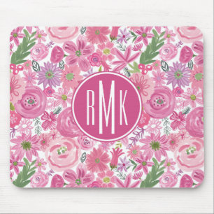 Monogram   I Do Pink Waterverf Floral Pattern Muismat