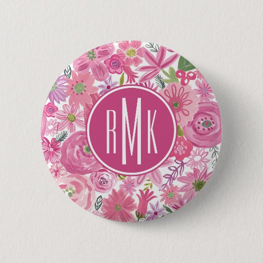 Monogram | I Do Pink Waterverf Floral Pattern Ronde Button 5,7 Cm (Voorkant)