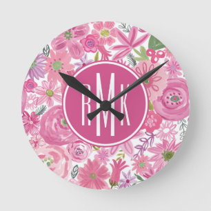 Monogram   I Do Pink Waterverf Floral Pattern Ronde Klok