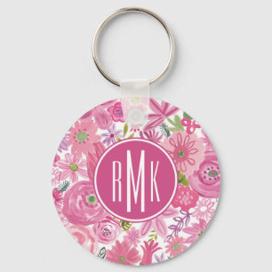 Monogram   I Do Pink Waterverf Floral Pattern Sleutelhanger