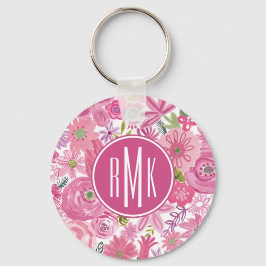 Monogram | I Do Pink Waterverf Floral Pattern Sleutelhanger (Voorkant)