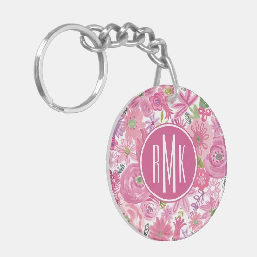 Monogram | I Do Pink Waterverf Floral Pattern Sleutelhanger (Voorkant Links)