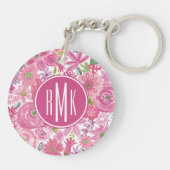 Monogram | I Do Pink Waterverf Floral Pattern Sleutelhanger (Achterkant)