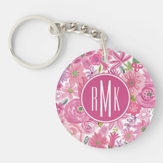 Monogram | I Do Pink Waterverf Floral Pattern Sleutelhanger (Voorkant)