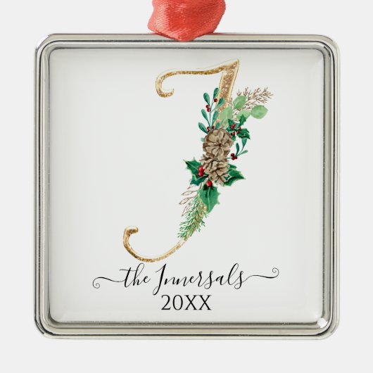 Monogram I Gold Glitter Pine Cone Holly Christmas Metalen Ornament (Voorkant)