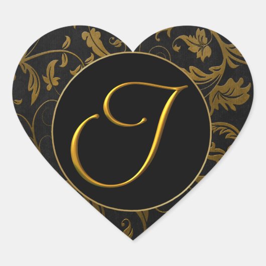 Monogram I Gouden en Zwarte Damast Huwelijkszegel Hart Sticker (Voorkant)