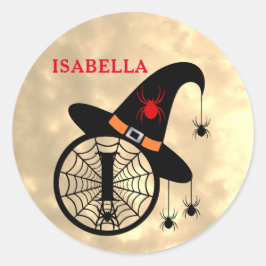 Monogram I Halloween Sky Witch Spiders Naam Ronde Sticker