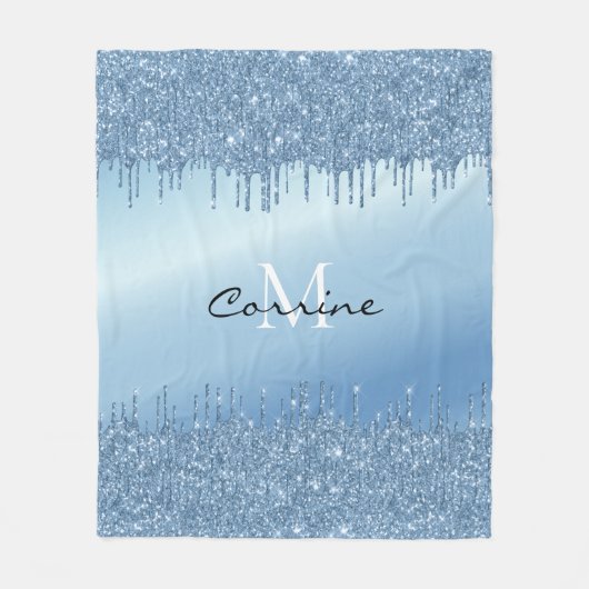 Monogram Ice Blue Dripping Glitter Metallic Naam Fleece Deken (Voorkant)