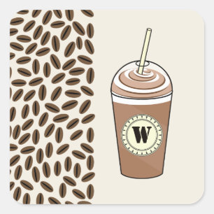 Monogram Iced Coffee To Go & Koffiebonen Vierkante Sticker