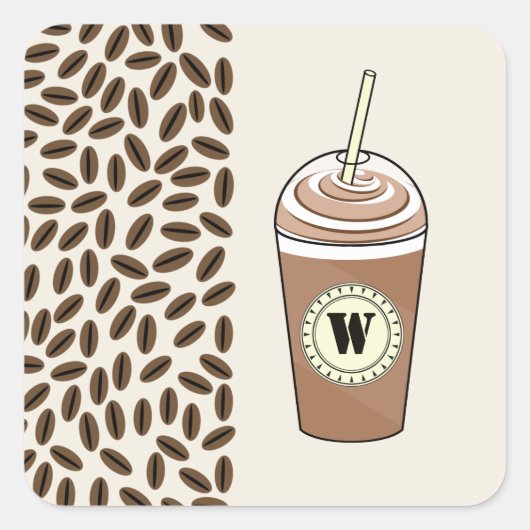 Monogram Iced Coffee To Go & Koffiebonen Vierkante Sticker (Voorkant)