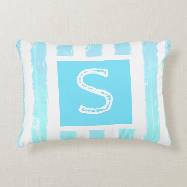 Monogram Ijs Blauw Wit Waterverf Strepen Accent Kussen (Voorkant)