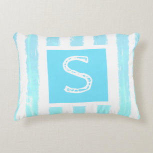 Monogram Ijs Blauw Witte Aquarel Strepen Accent Kussen