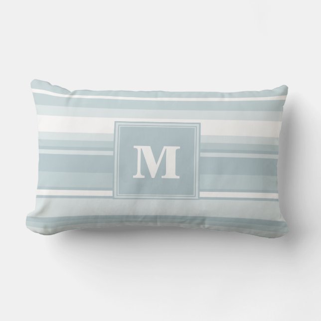 Monogram ijsblauwe strepen kussen (Voorkant)