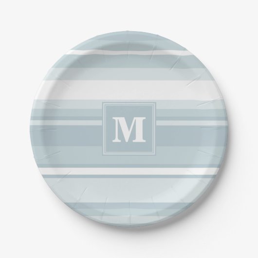 Monogram ijsblauwe strepen papieren bordje (Voorkant)