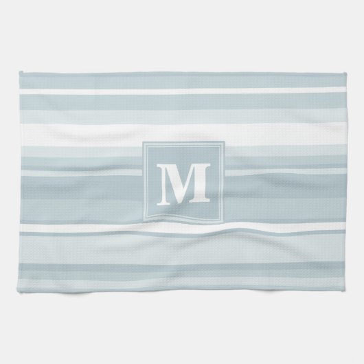 Monogram ijsblauwe strepen theedoek (Horizontaal)
