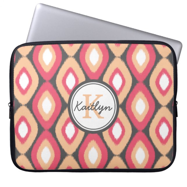 Monogram Ikat Diamonds Pattern Pink Grey Laptop Sleeve (Voorkant)