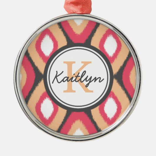 Monogram Ikat Diamonds Pattern Pink Grey Metalen Ornament (Voorkant)