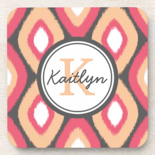 Monogram Ikat Diamonds Pattern Pink Grey Onderzetter (Voorkant)