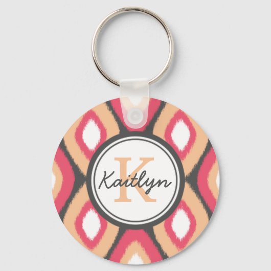 Monogram Ikat Diamonds Pattern Pink Grey Sleutelhanger (Voorkant)