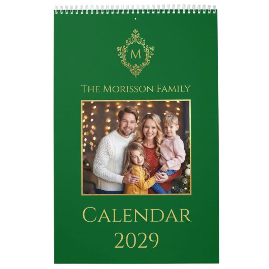 Monogram in Crest Green Gold Family Photo Elegant  Kalender (Hoes)