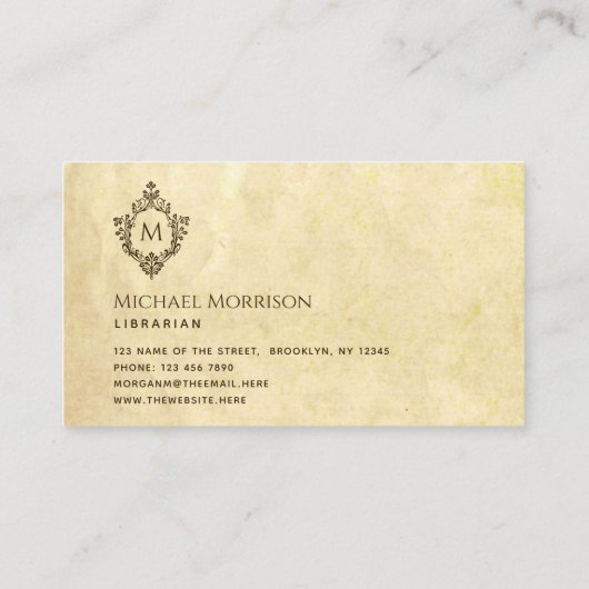  monogram in Crest Old Paper Parchment Visitekaartje (Achterkant)