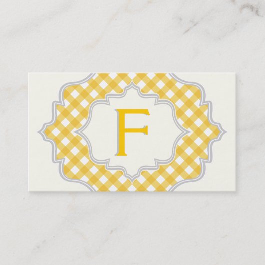 Monogram in een lijst, geel wit gingham patroon visitekaartje (Voorkant)
