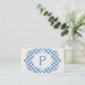 Monogram in een lijst met blauwe, witte gingham visitekaartje (Staand voorkant)