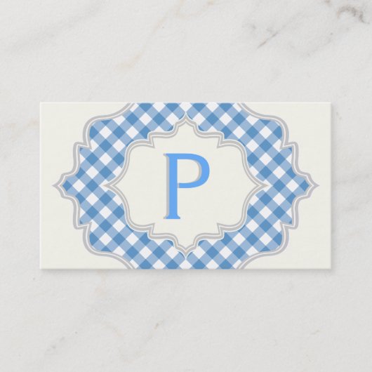 Monogram in een lijst met blauwe, witte gingham visitekaartje (Voorkant)