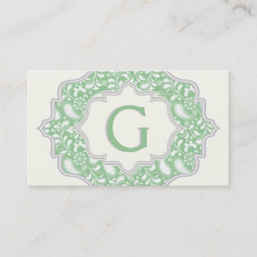 Monogram in een lijst met groene, witte paisley visitekaartje (Voorkant)