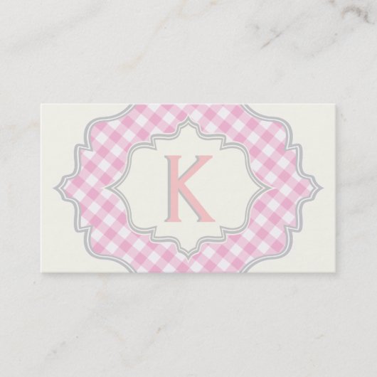 Monogram in een lijst met roze, witte gingham visitekaartje (Voorkant)