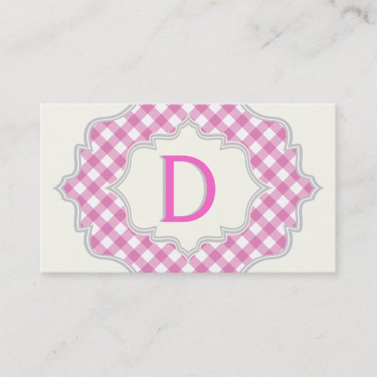 Monogram in een lijst met roze, witte gingham visitekaartje (Voorkant)