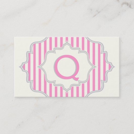 Monogram in een lijst met roze, witte strepen visitekaartje (Voorkant)