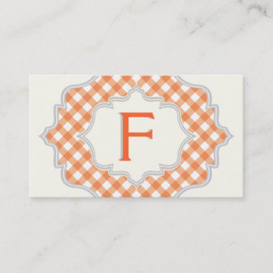 Monogram in een lijst, oranje wit gingham patroon visitekaartje