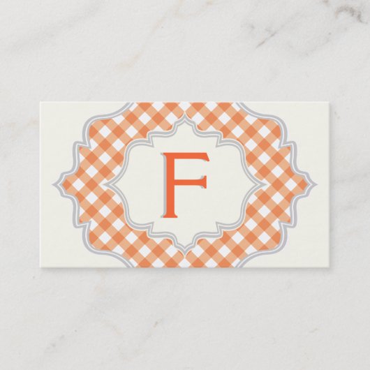 Monogram in een lijst, oranje wit gingham patroon visitekaartje (Voorkant)
