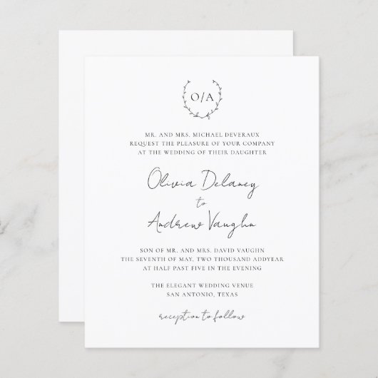 Monogram in één uitnodiging tot weddenschap (Voorkant / Achterkant)