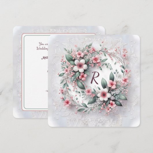 Monogram in elegante bruiloft bloemenkrans kaart (Voorkant / Achterkant)